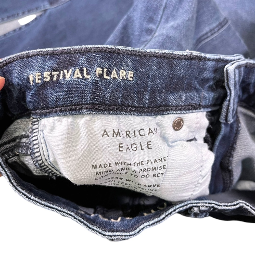 American Eagle 4 Dark Wash Festival Flare Jeans Front Seam Side Slit Boho Retro - Picture 8 of 11